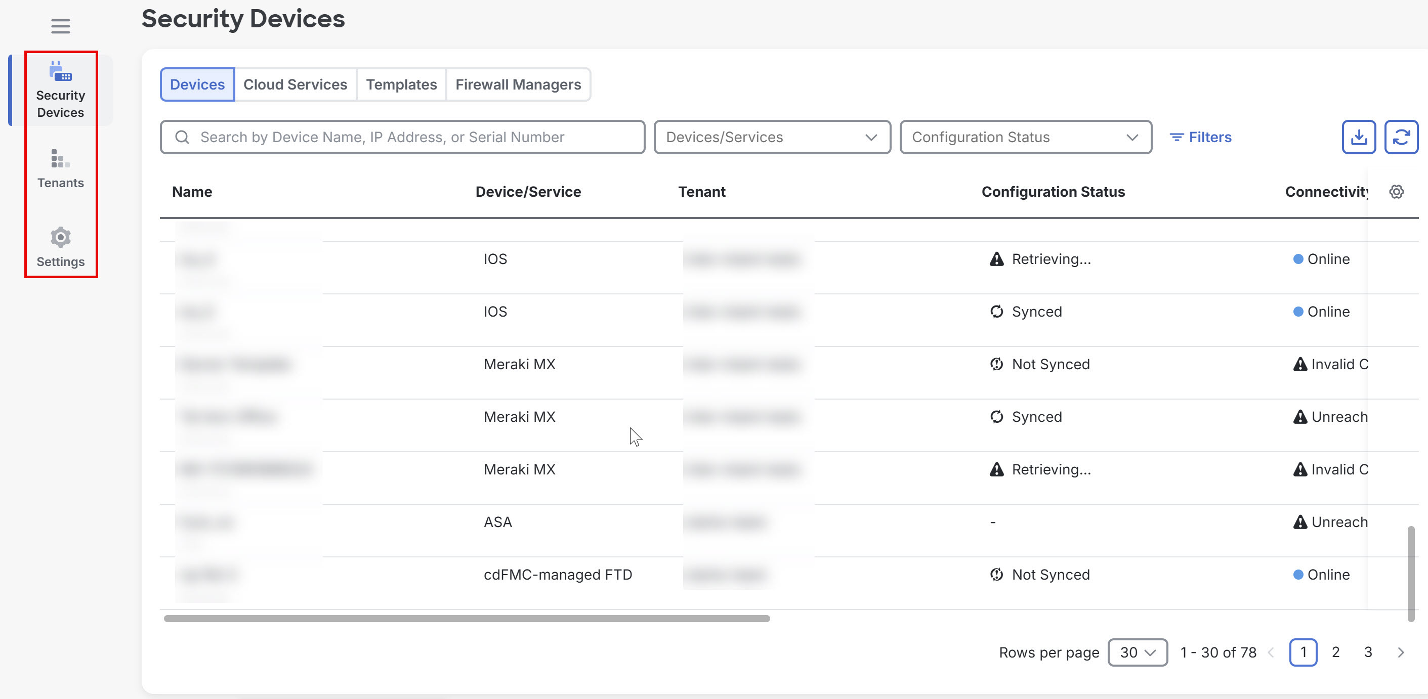Screenshot of the Security Devices page
