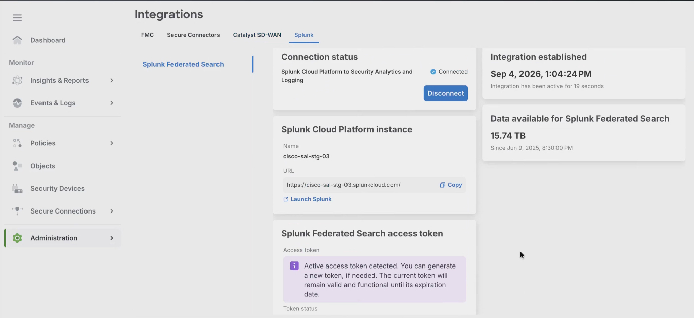 Screenshot of the Splunk Federated Search integrations page