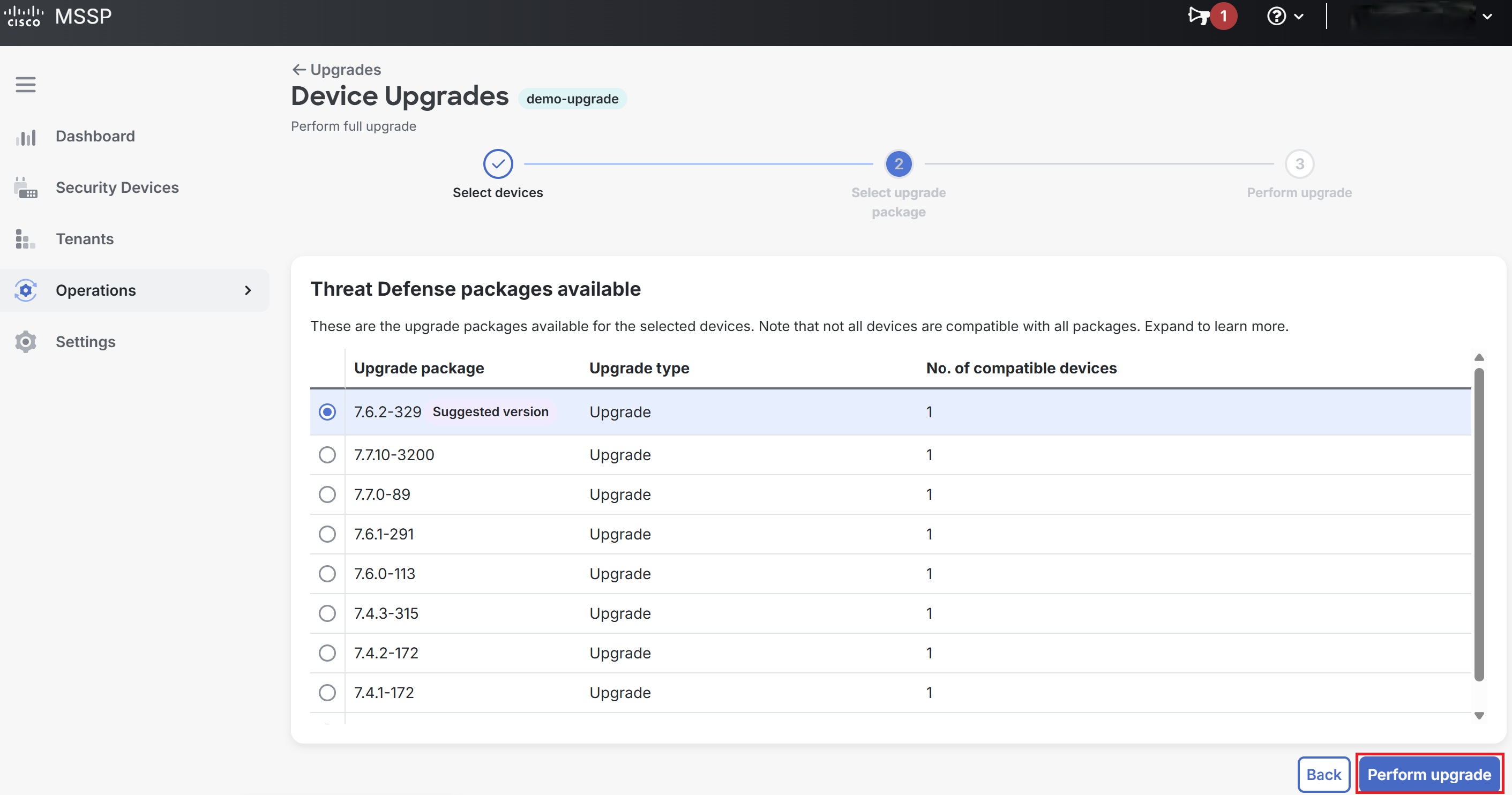 Select the suggested version from the available packages and click Perform upgrade.