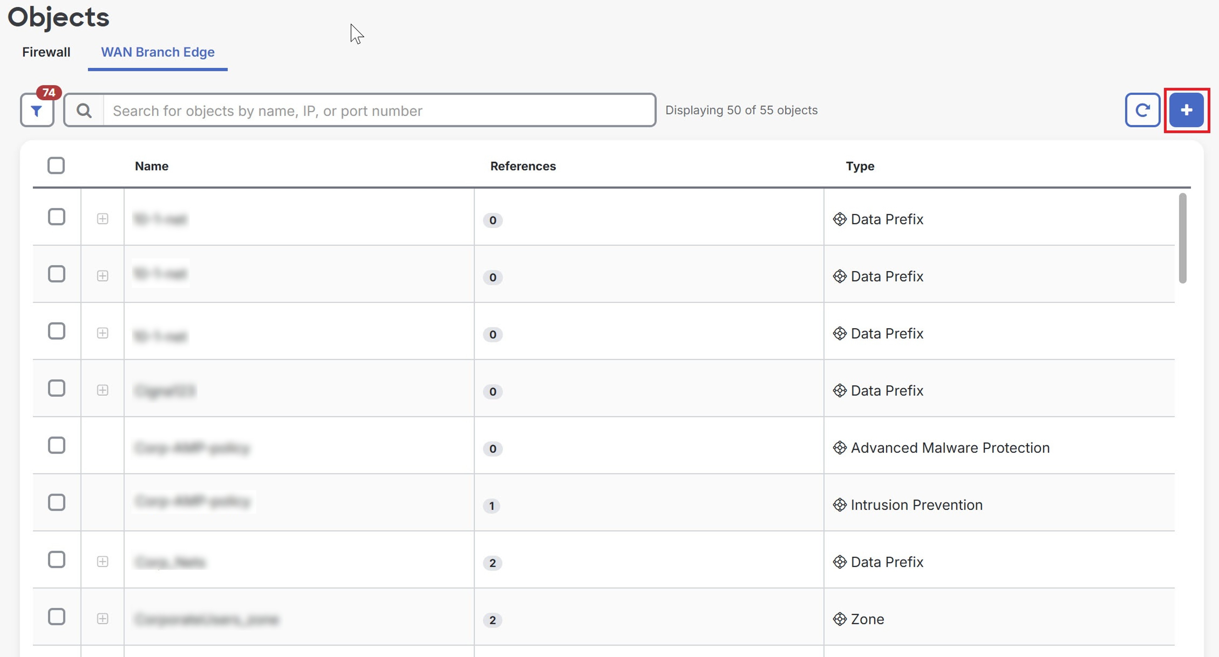 Screenshot of the objects page.
