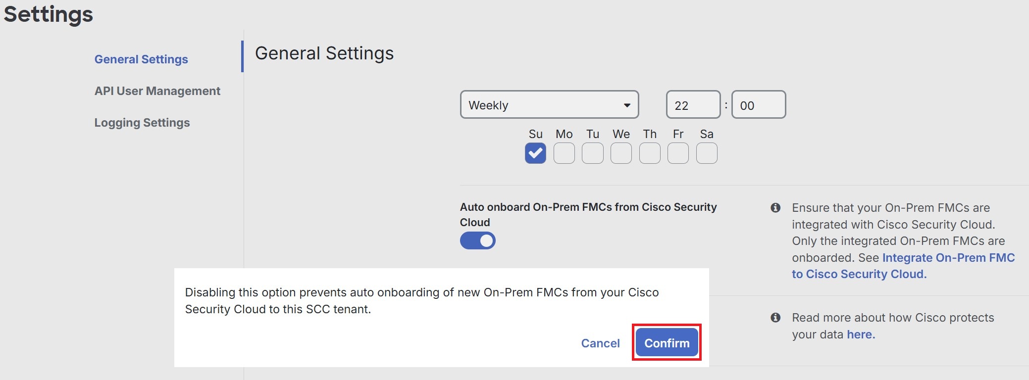 Confirmation dialog allows disabling automatic onboarding of On-Prem FMCs. The dialog appears in General Settings and provides the user a clear disable option.